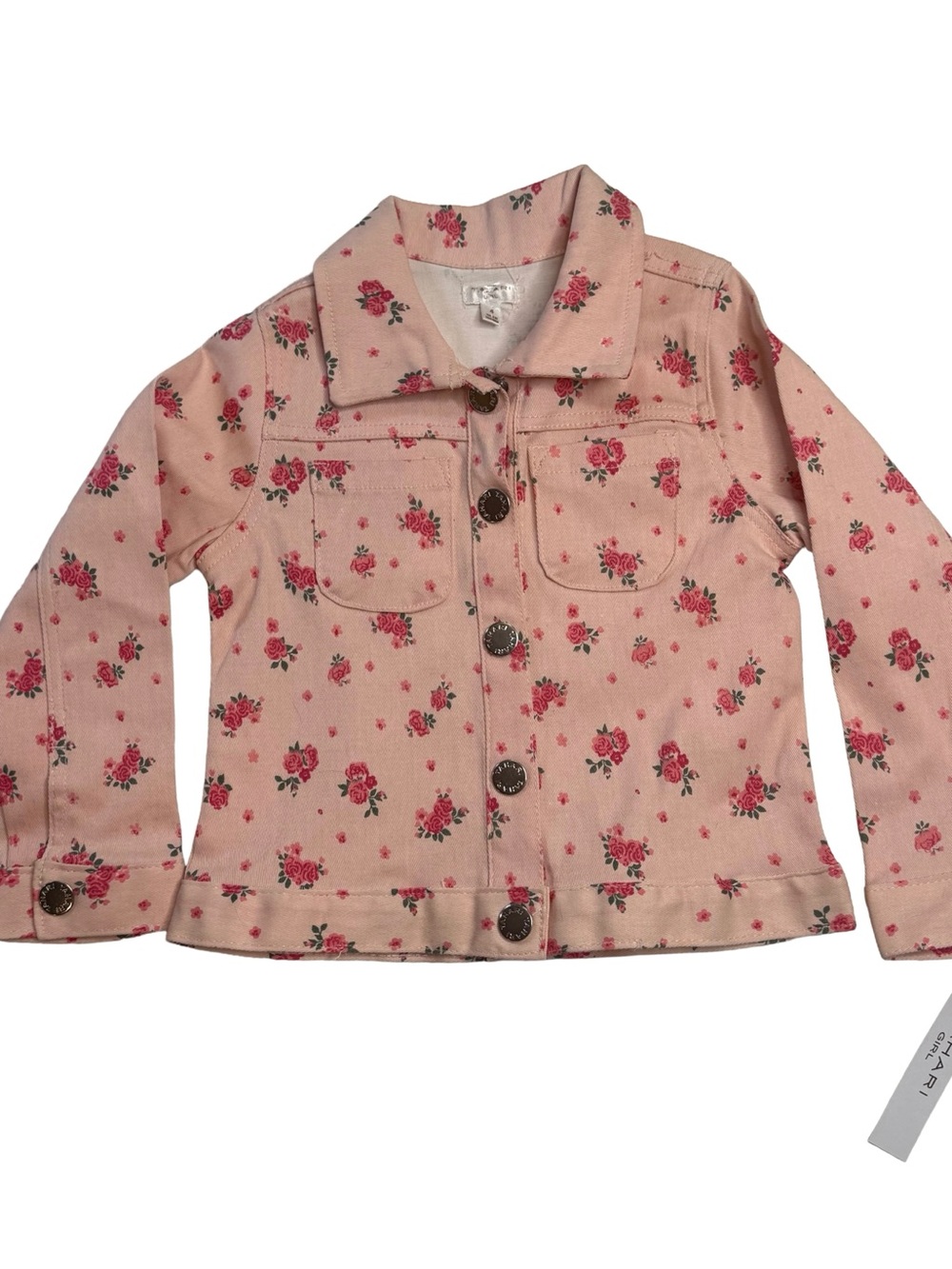 Tahari Girl Pink Rose Floral Trucker Denim Jacket Girls 4 Cotton NWT